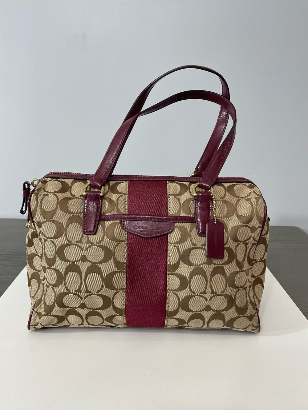 Coach Tan Signature Canvas Satchel with Burgundy Trim